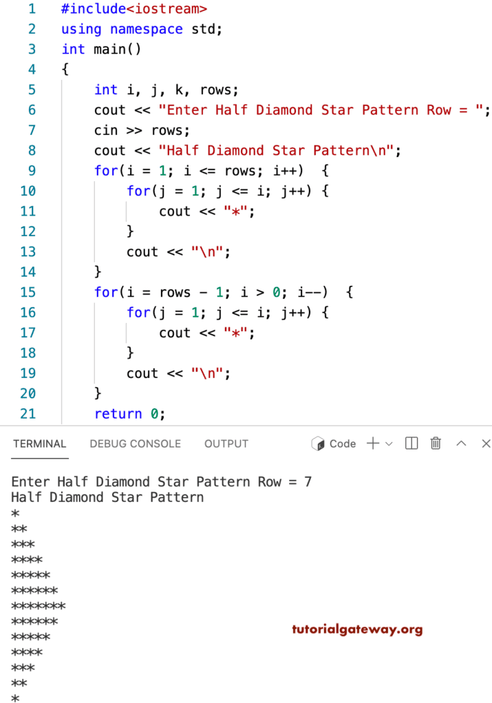 C++ Program to Print Half Diamond Star Pattern