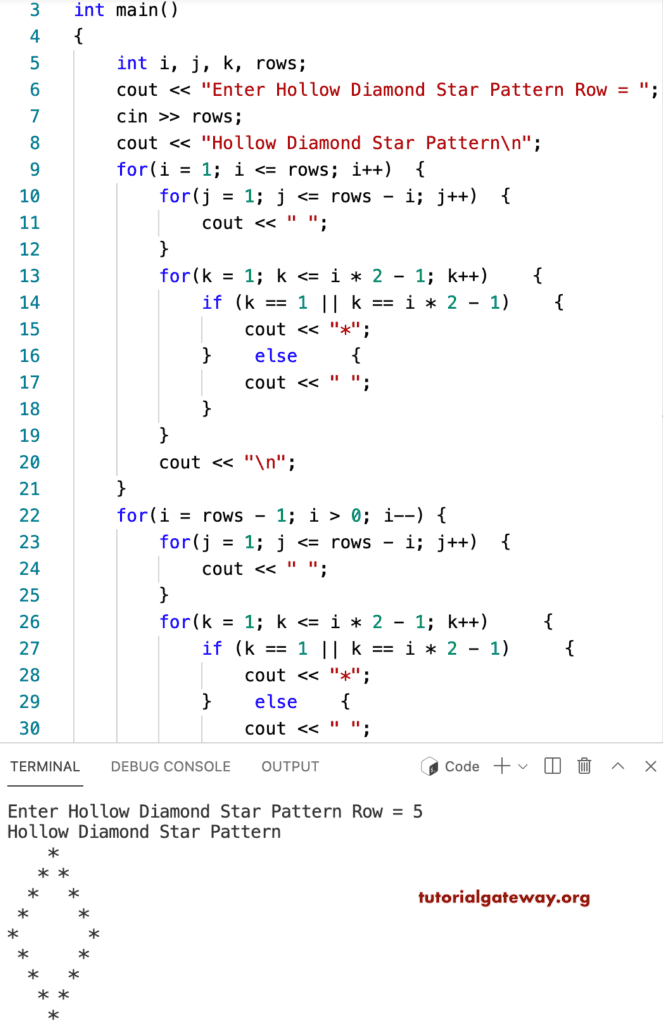 CPP Program to Print Hollow Diamond Star Pattern