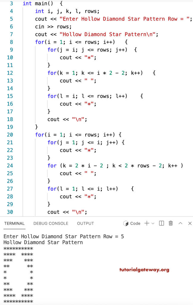 C++ Program to Print Hollow Diamond inside a Square Star Pattern