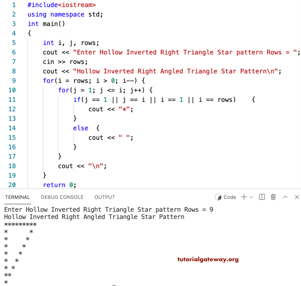 C++ Program to Print Hollow Inverted Right Triangle Star Pattern