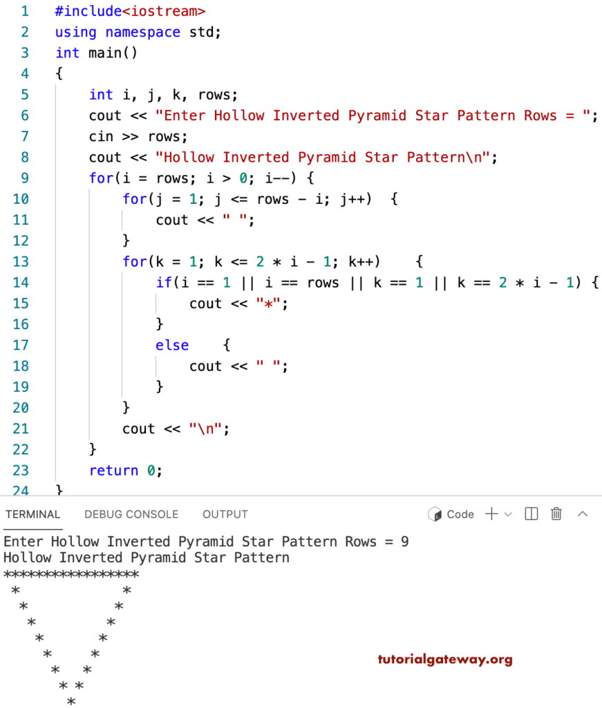C++ Program to Print Hollow Inverted Star Pyramid Pattern