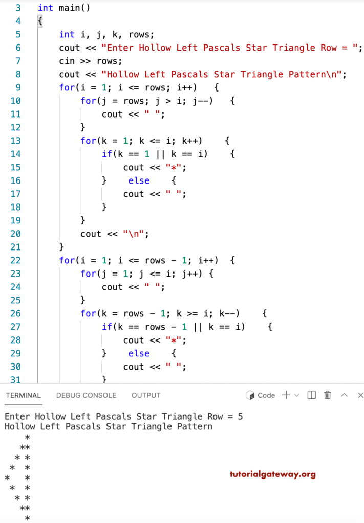 C++ Program to Print Hollow Left Pascals Star Triangle