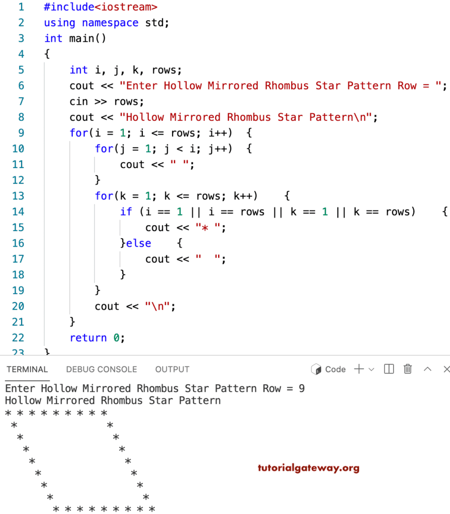 C++ Program to Print Hollow Mirrored Rhombus Star Pattern
