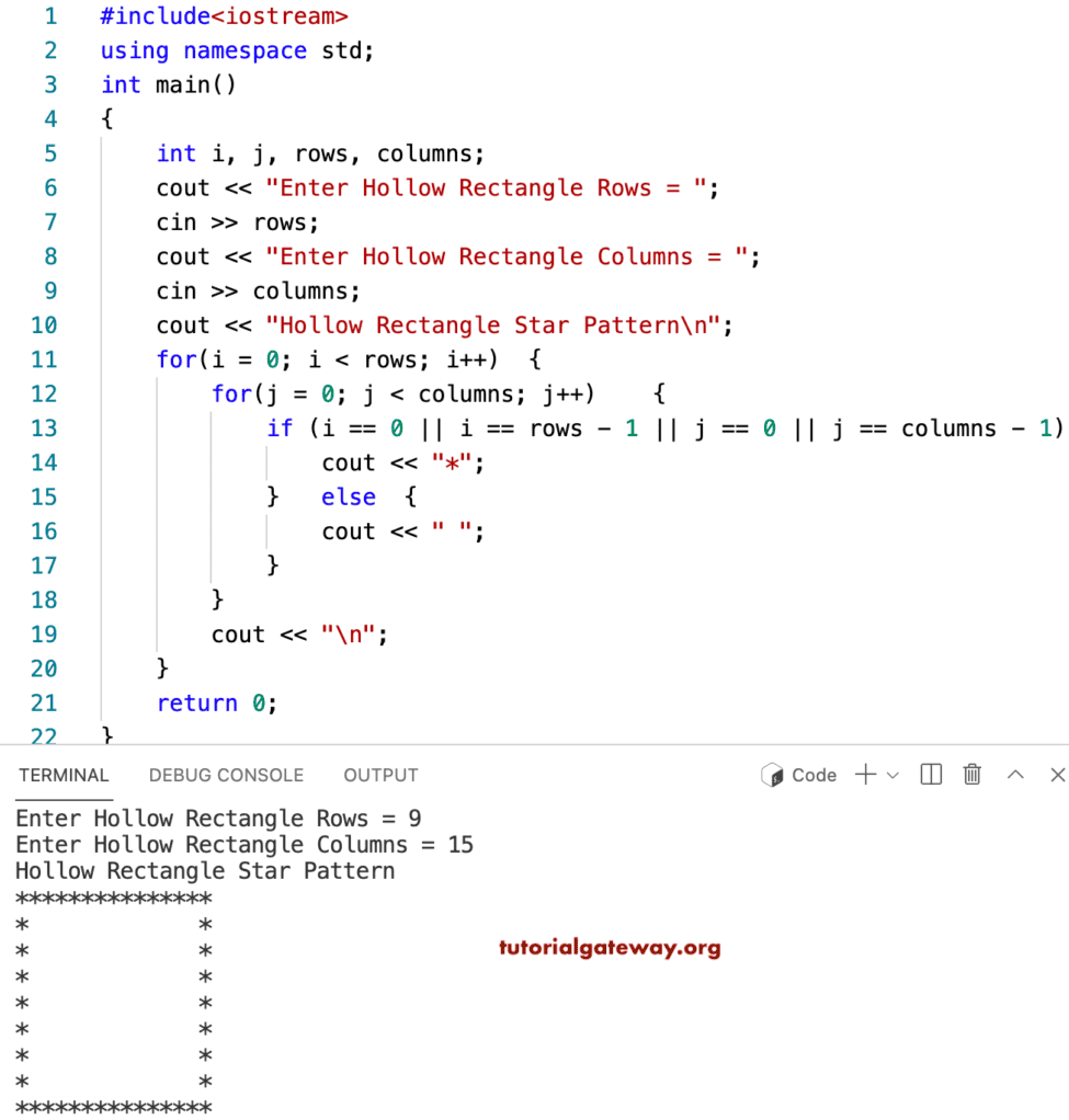 C++ Program to Print Hollow Rectangle Star Pattern