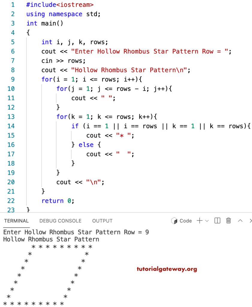 C++ Program to Print Hollow Rhombus Star Pattern