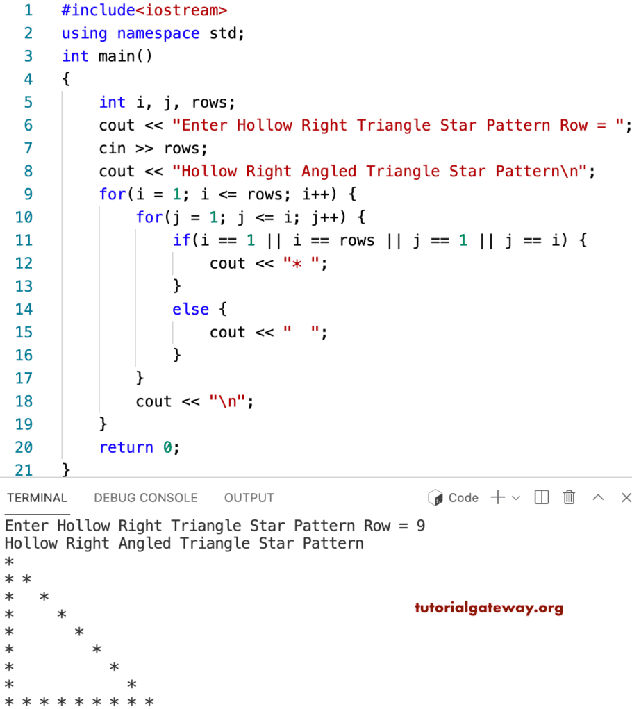 C++ Program to Print Hollow Right Angled Triangle Star Pattern