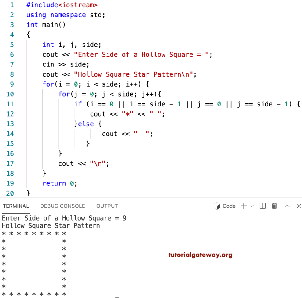 C++ Program to Print Hollow Square Star Pattern