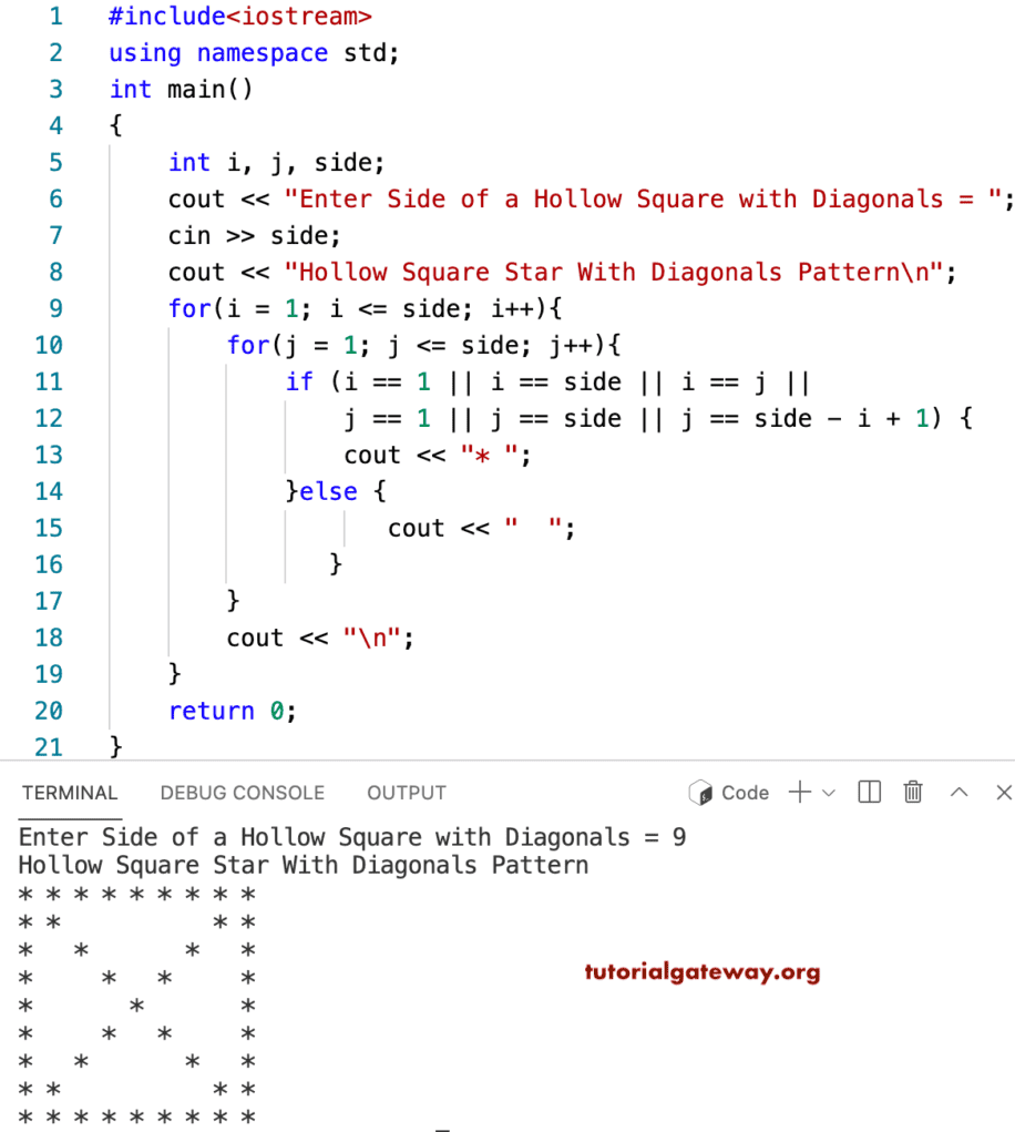 C++ Program to Print Hollow Square with Diagonals Star Pattern