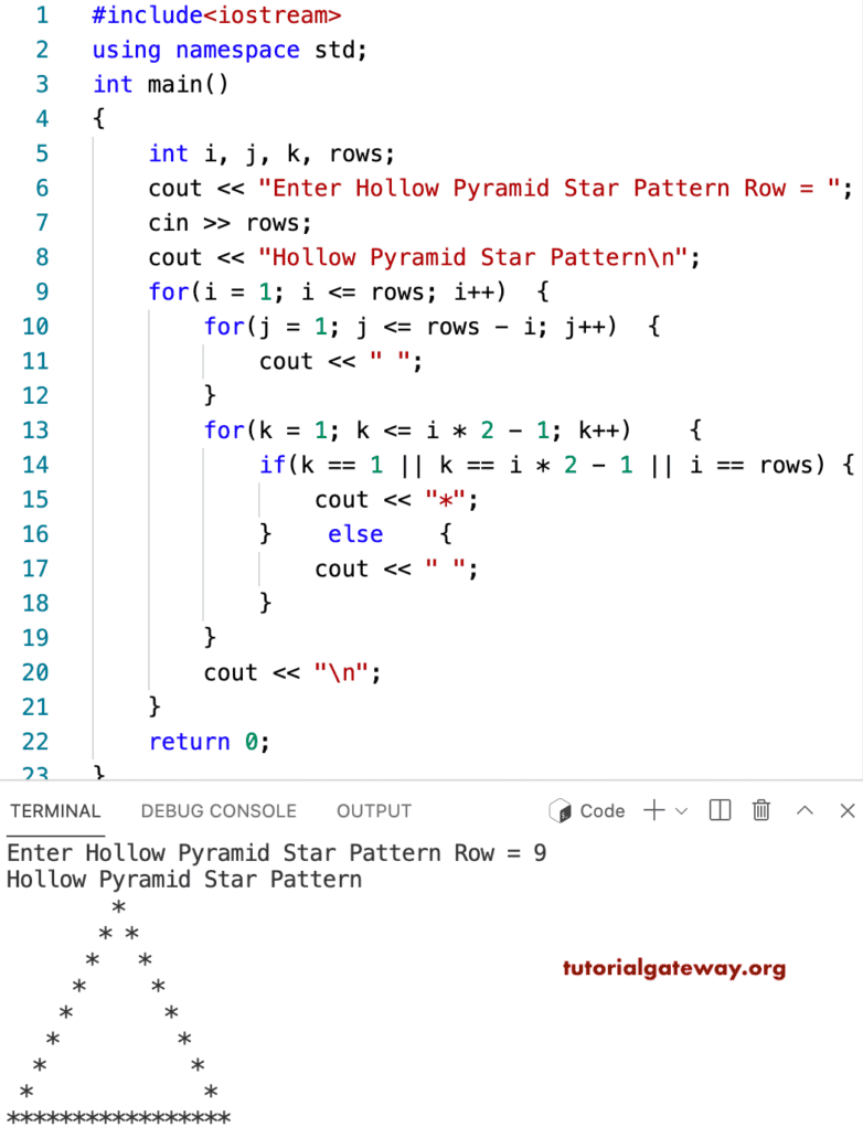 C++ Program to Print Hollow Star Pyramid Pattern