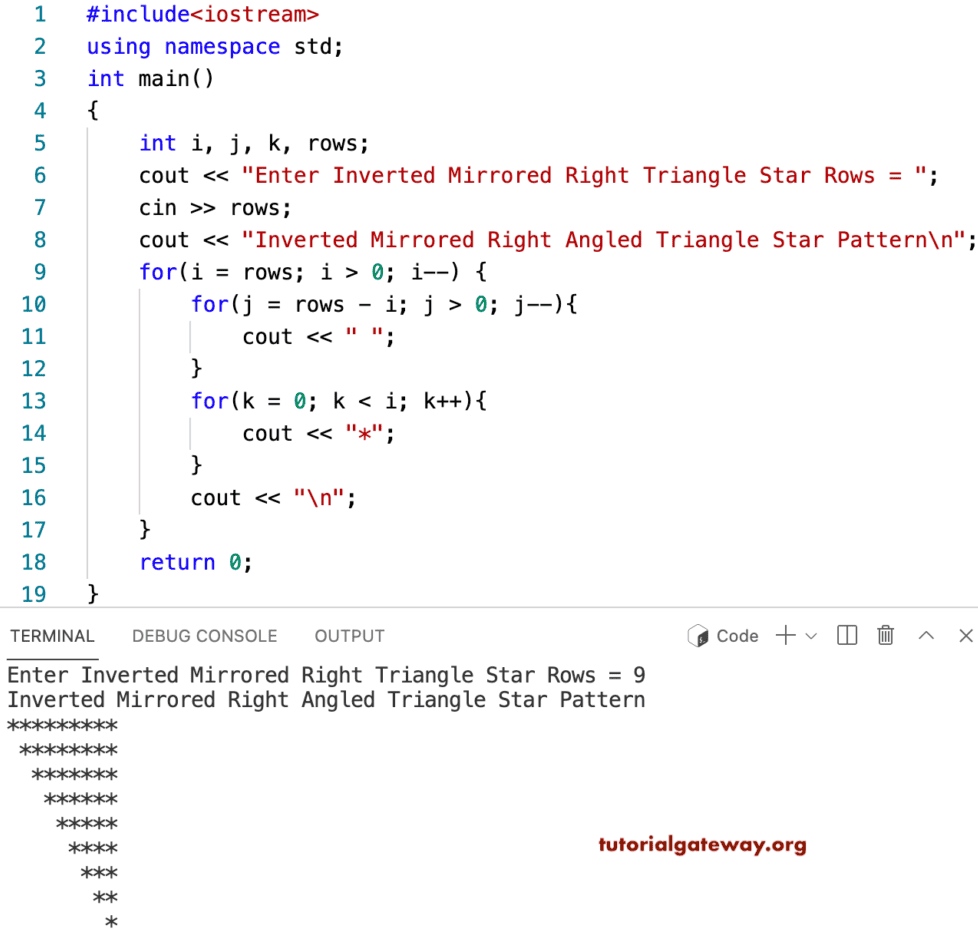 CPP Program to Print Inverted Mirrored Right Triangle Star Pattern