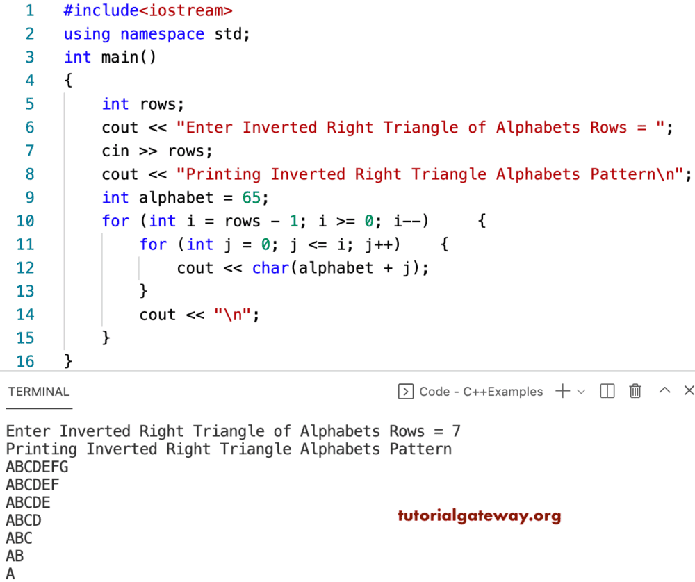C++ Program to Print Inverted Right Triangle Alphabets Pattern