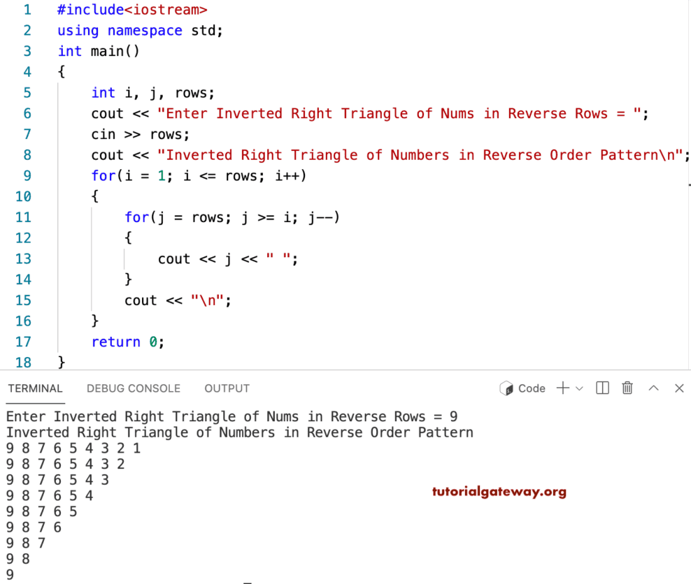 C++ Program to Print Inverted Right Triangle Numbers in Reverse