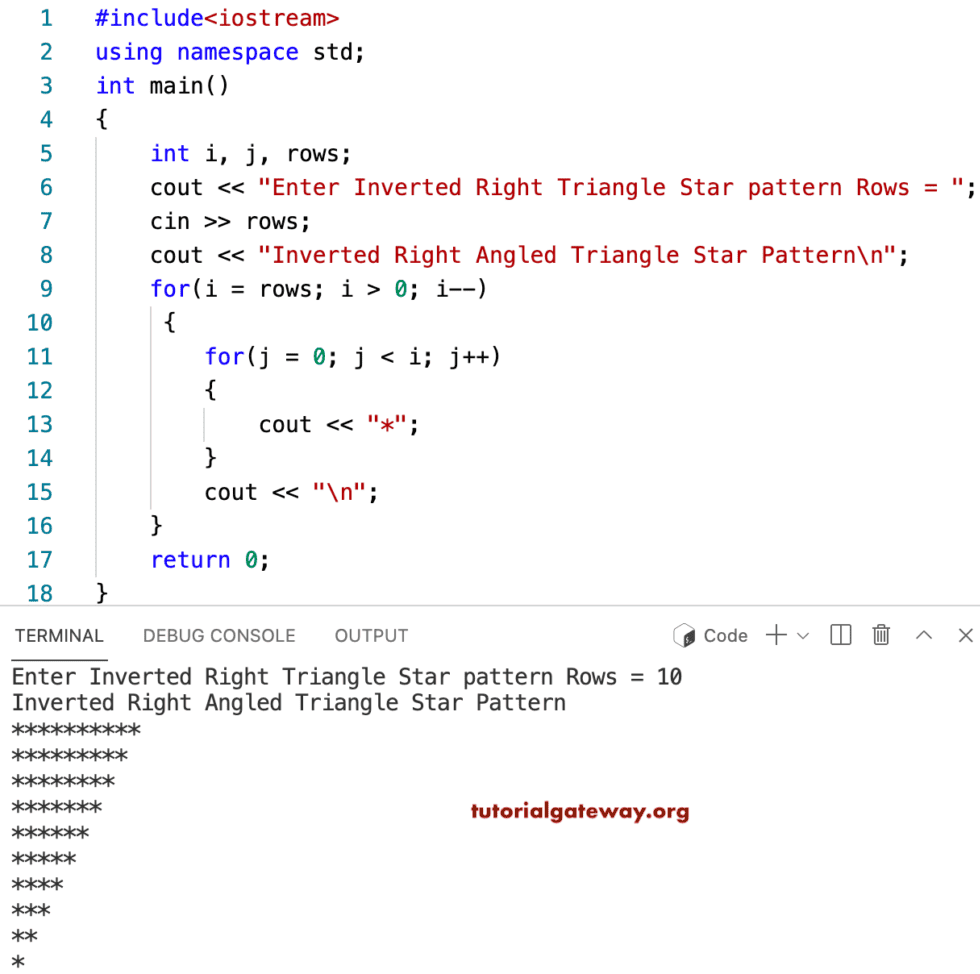 C++ Program to Print Inverted Right Triangle Star Pattern