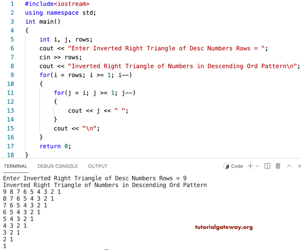 C++ Program to Print Inverted Right Triangle of Descending Order Numbers