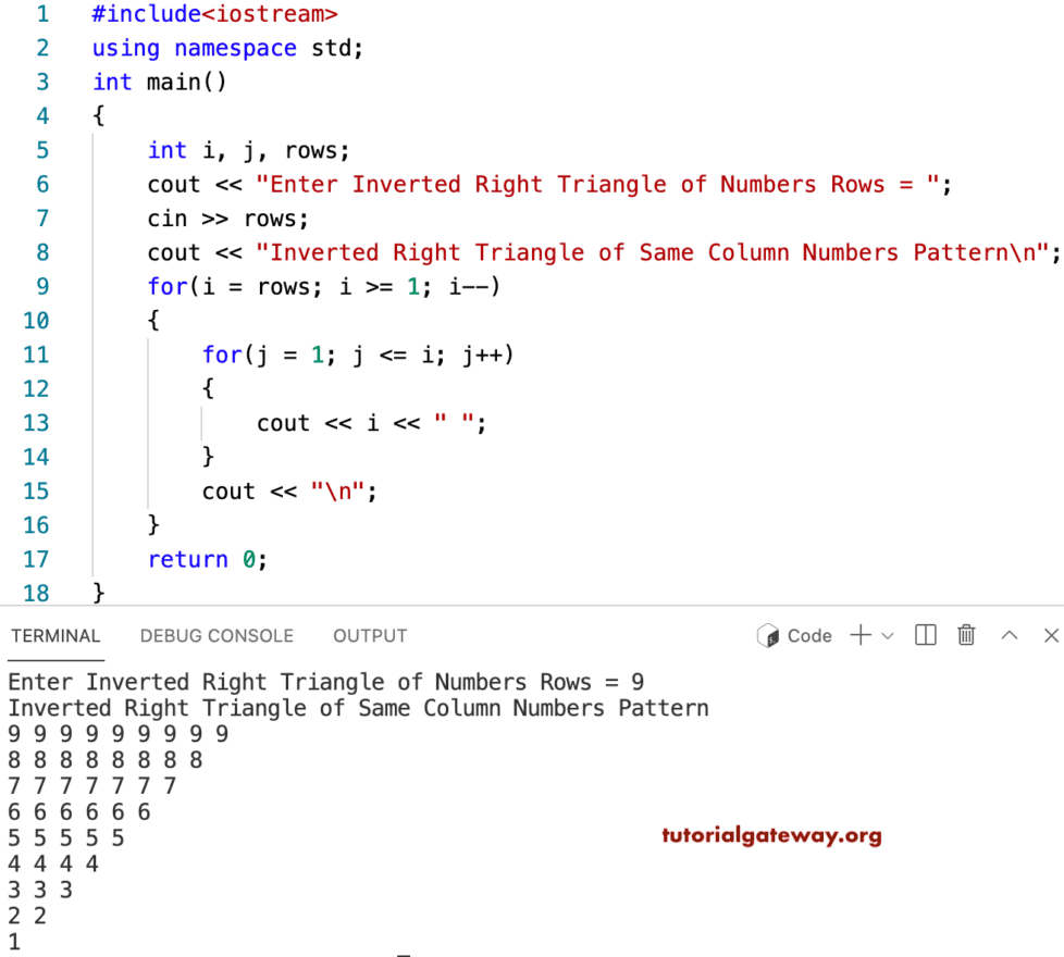 C++ Program to Print Inverted Right Triangle of Same Column Numbers