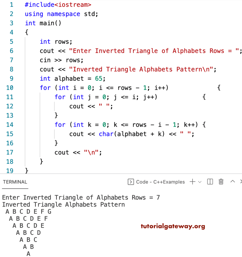 C++ Program to Print Inverted Triangle Alphabets Pattern