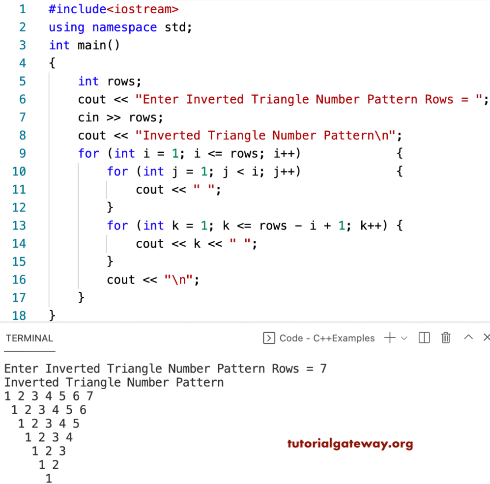 C++ Program to Print Inverted Triangle Numbers Pattern