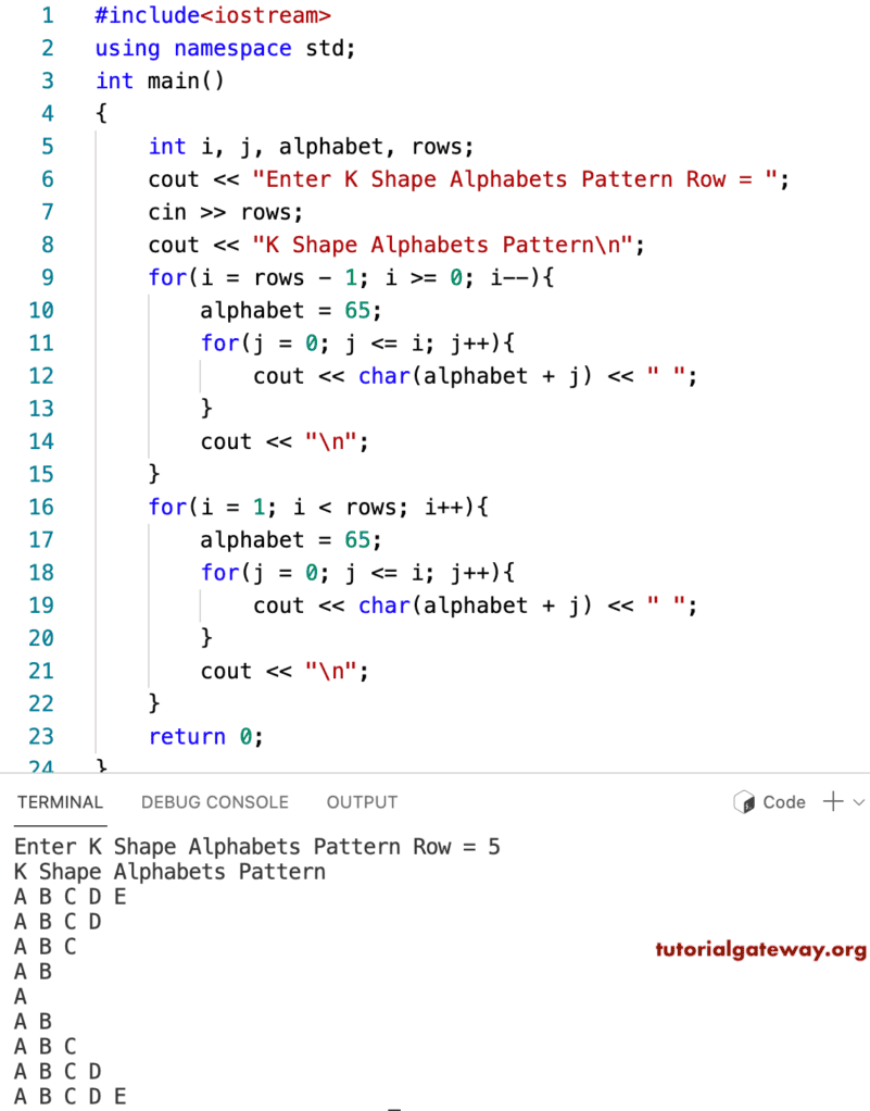 CPP Program to Print K Shape Alphabets Pattern