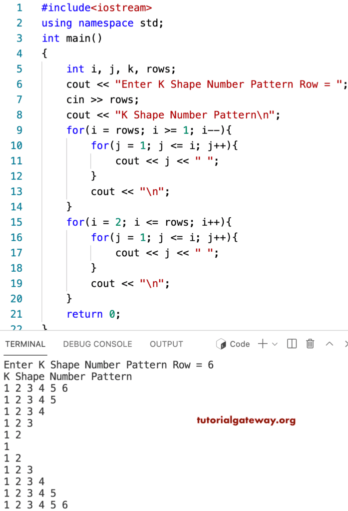 C++ Program to Print K Shape Number Pattern