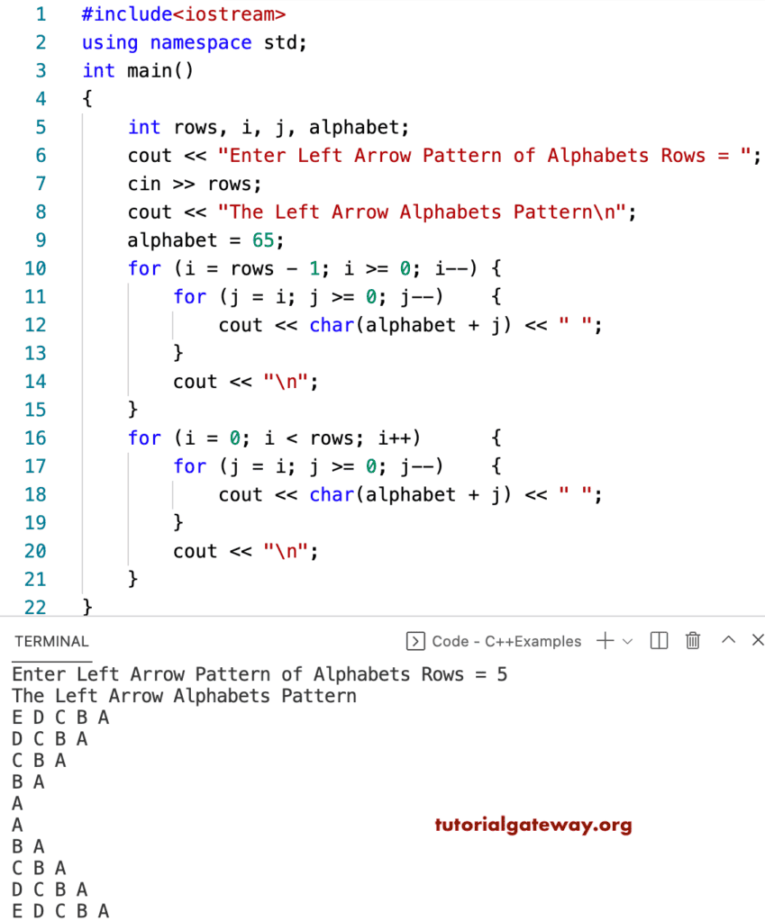 C++ Program to Print Left Arrow Alphabets Pattern