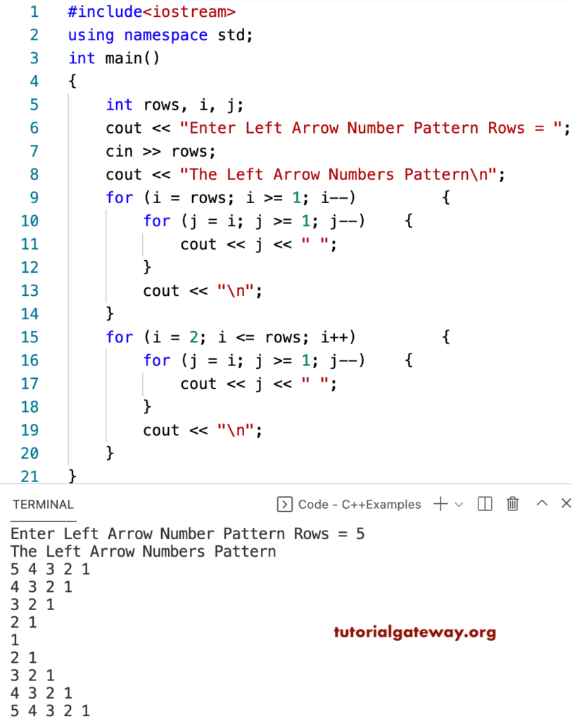 C++ Program to Print Left Arrow Numbers Pattern