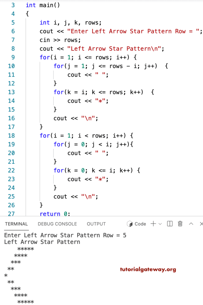 C++ Program to Print Left Arrow Star Pattern