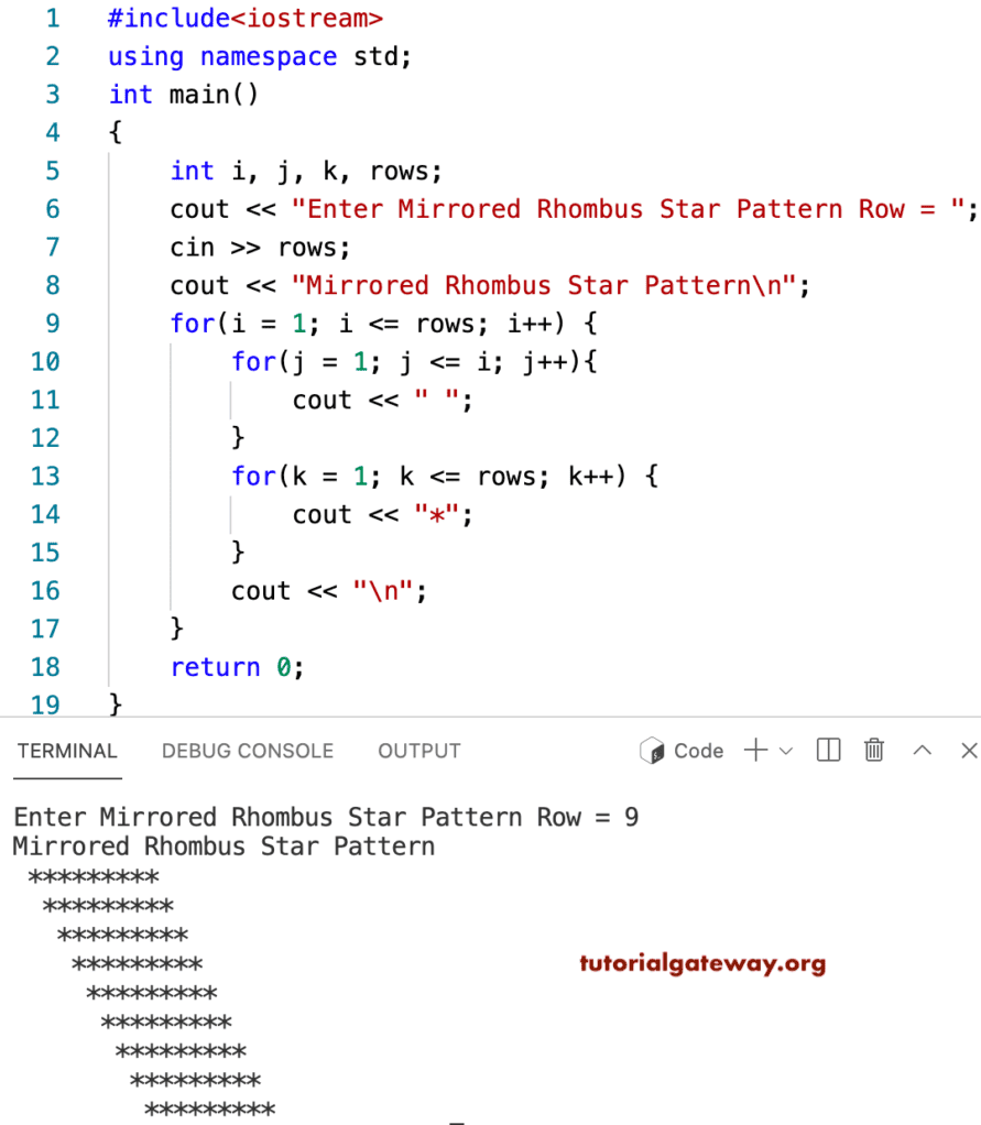C++ Program to Print Mirrored Rhombus Star Pattern