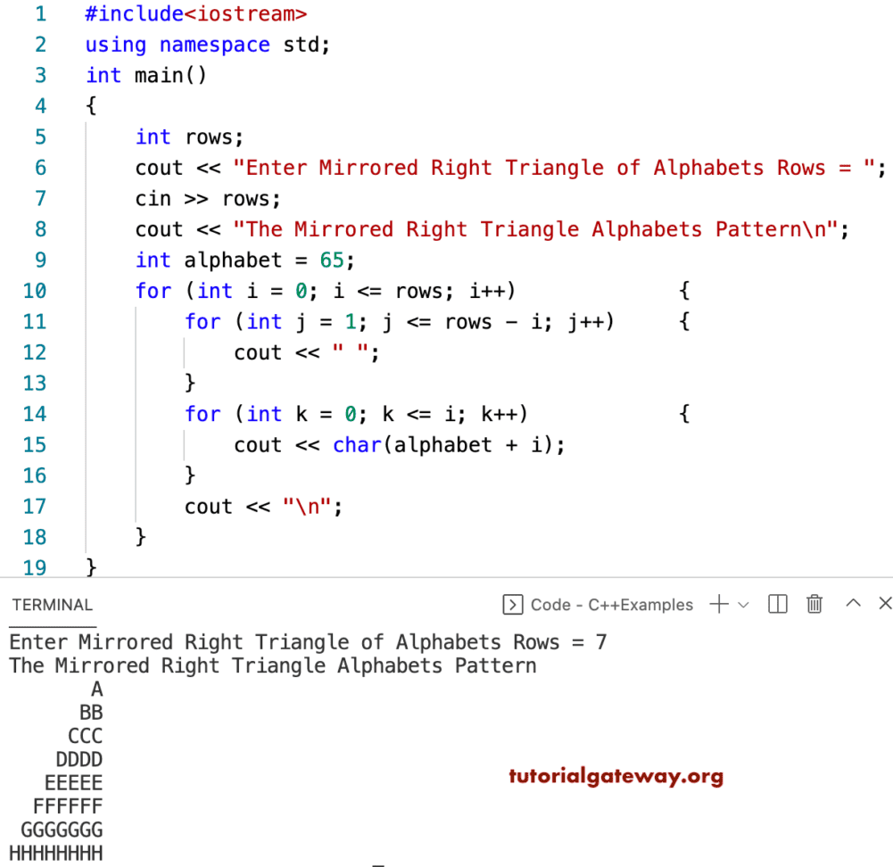 C++ Program to Print Mirrored Right Triangle Alphabets Pattern