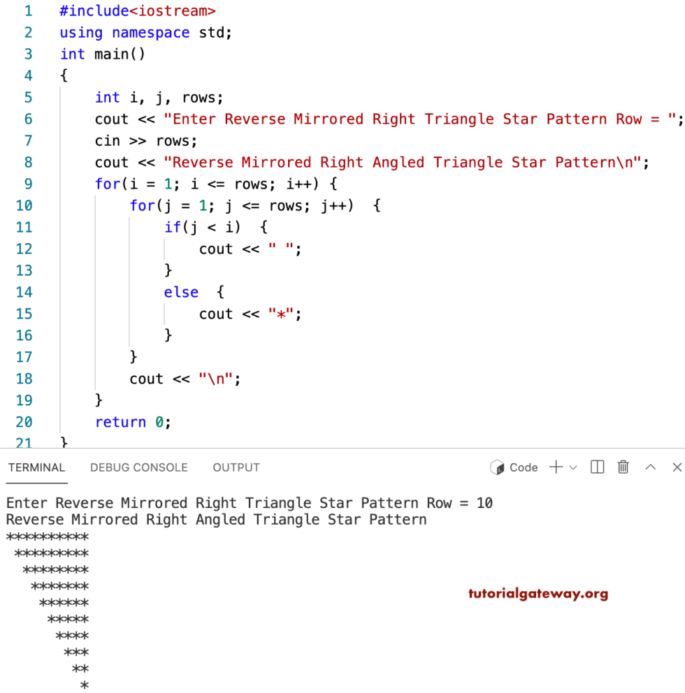 C++ Program to Print Reverse Mirrored Right Triangle Star Pattern