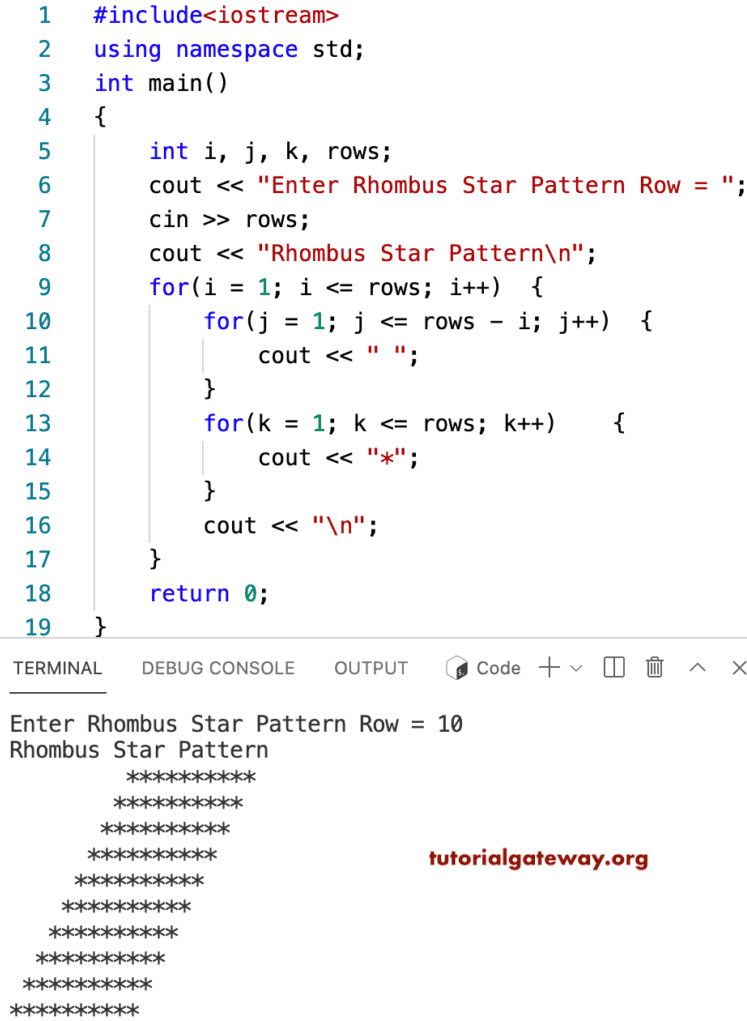 C++ Program to Print Rhombus Star Pattern