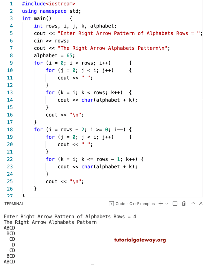 C++ Program to Print Right Arrow Alphabets Pattern
