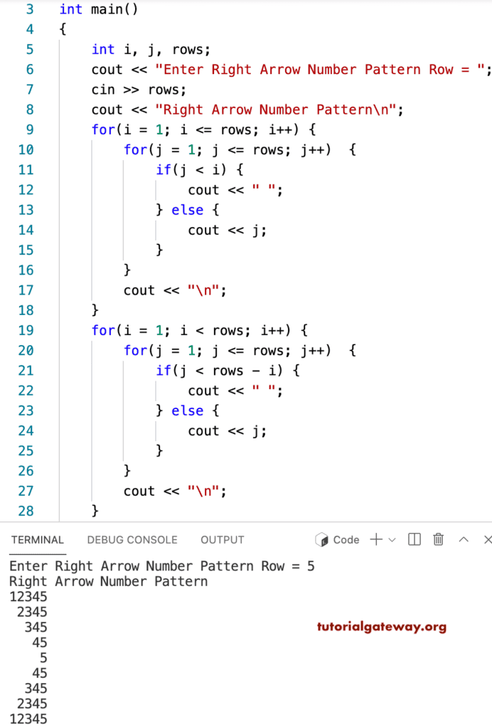 C++ Program to Print Right Arrow Number Pattern
