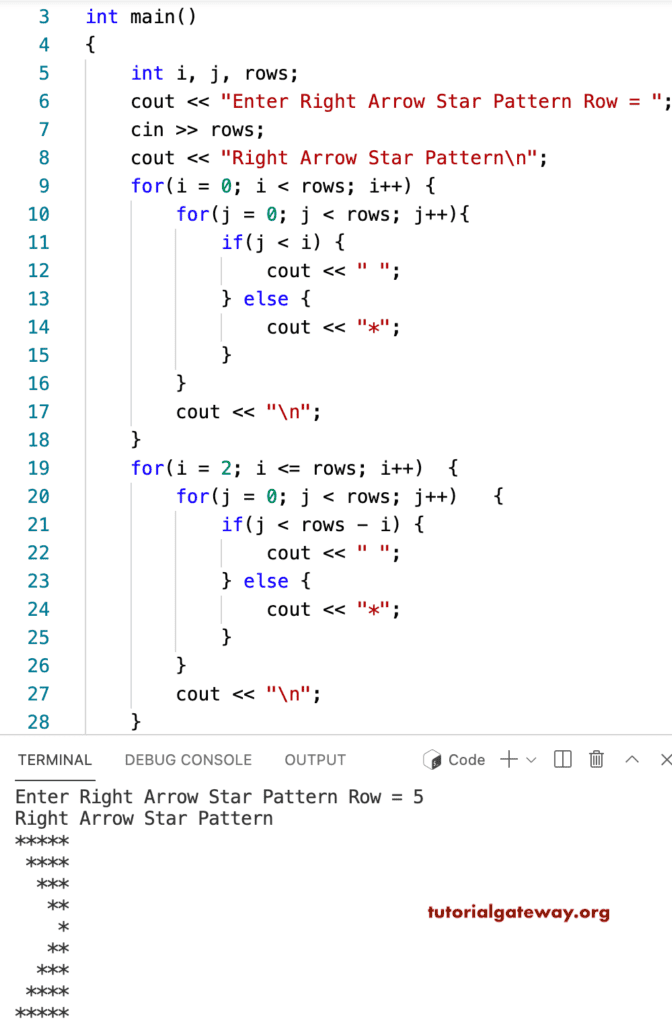 CPP Program to Print Right Arrow Star Pattern