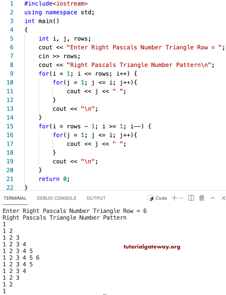 CPP Program to Print Right Pascals Number Triangle