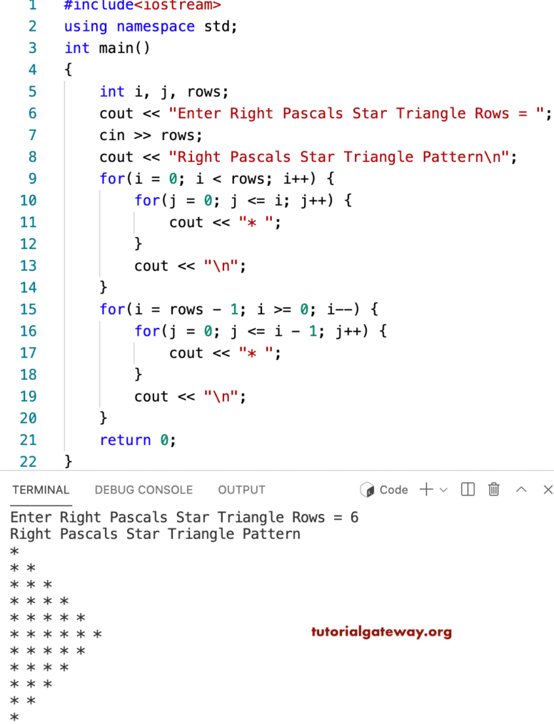 C++ Program to Print Right Pascals Star Triangle