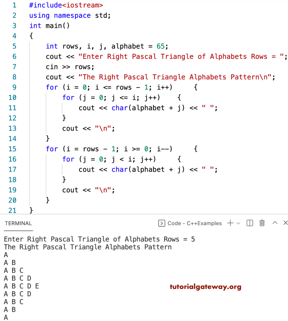 C++ Program to Print Right Pascals Triangle Alphabets Pattern