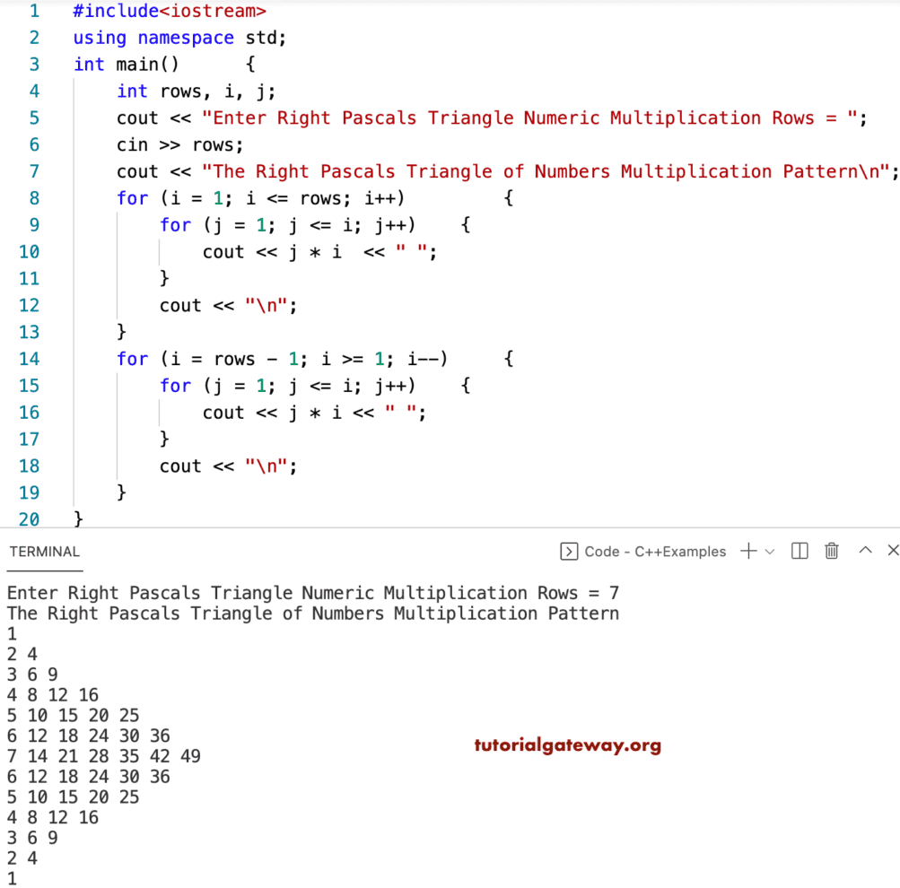 C++ Program to Print Right Pascals Triangle of Multiplication Numbers Pattern