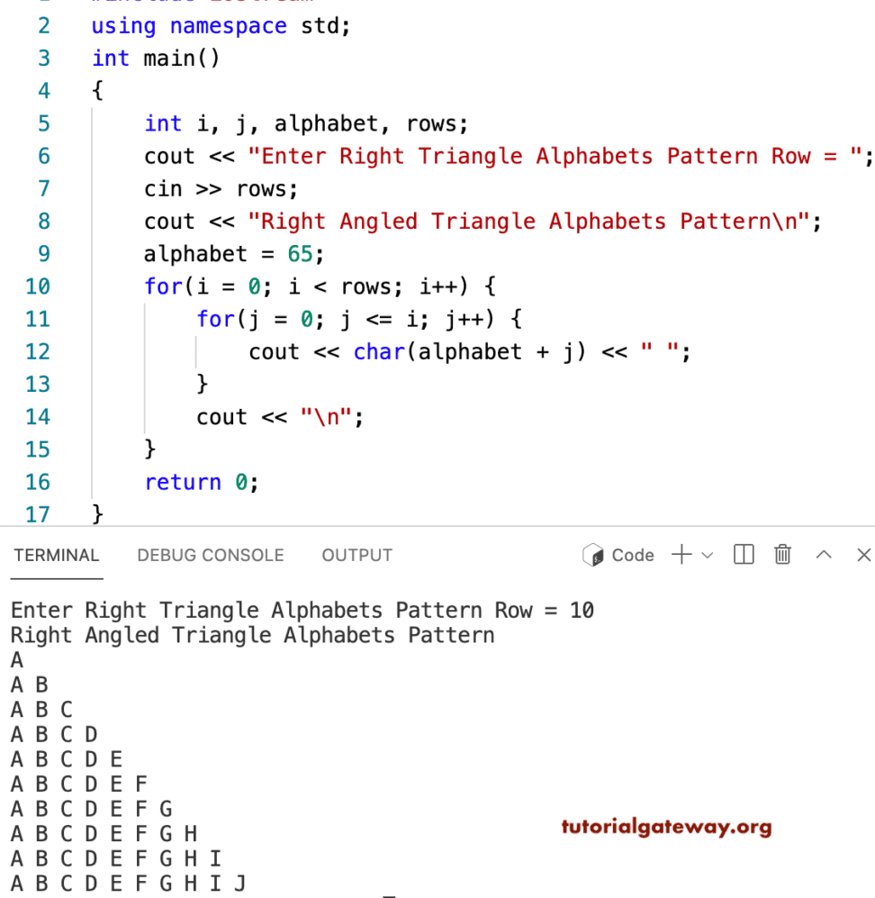 C++ Program to Print Right Triangle Alphabets Pattern