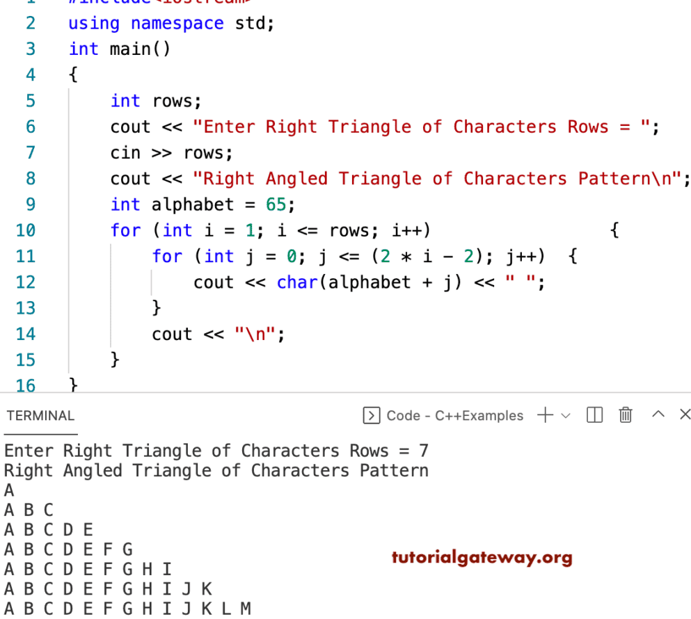 C++ Program to Print Right Triangle Character Pattern