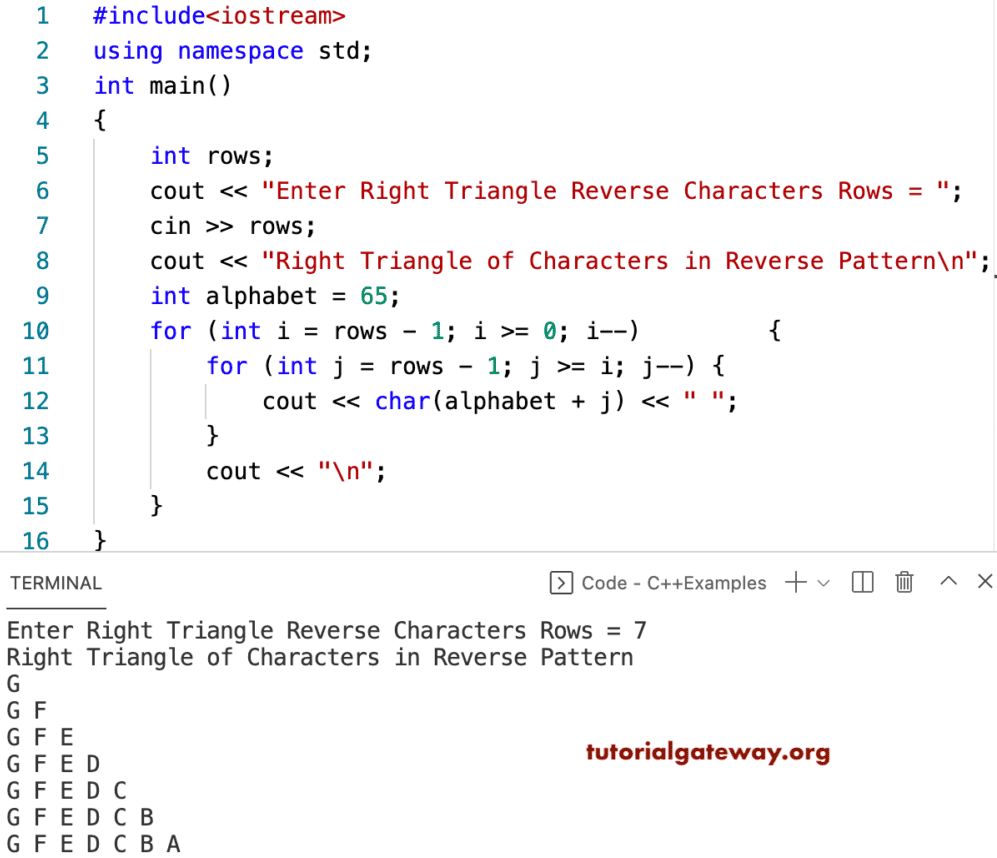 C++ Program to Print Right Triangle of Alphabets in Reverse Pattern
