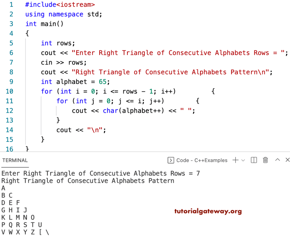 C++ Program to Print Right Triangle of Consecutive Alphabets Pattern