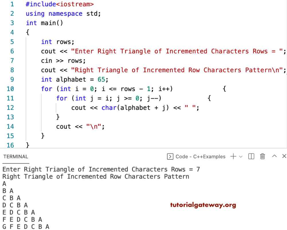 C++ Program to Print Right Triangle of Incremental Alphabets Pattern