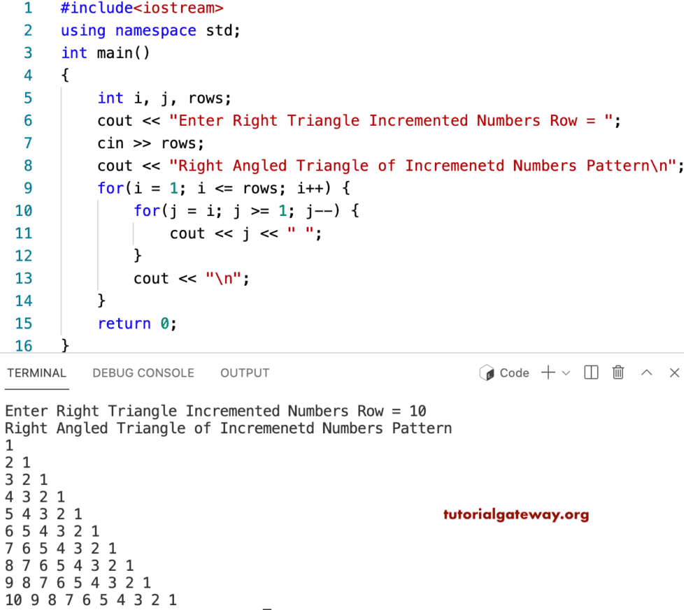 C++ Program to Print Right Triangle of Incremented Numbers