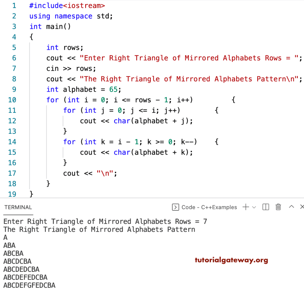 C++ Program to Print Right Triangle of Mirrored Alphabets Pattern