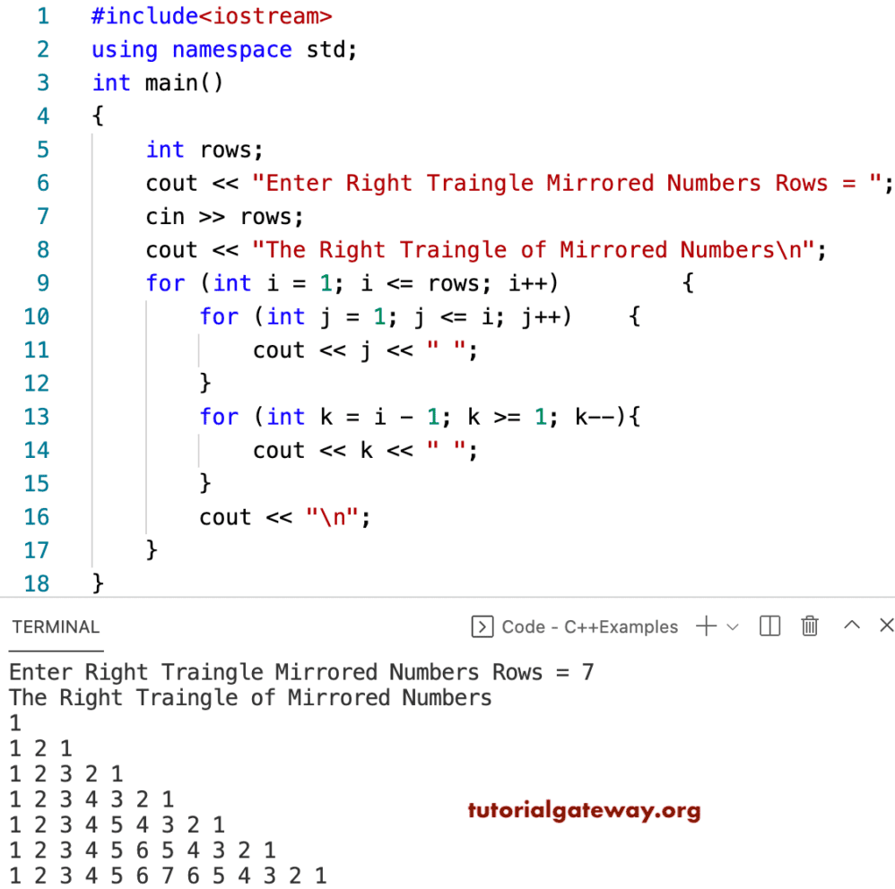 C++ Program to Print Right Triangle of Mirrored Numbers Pattern