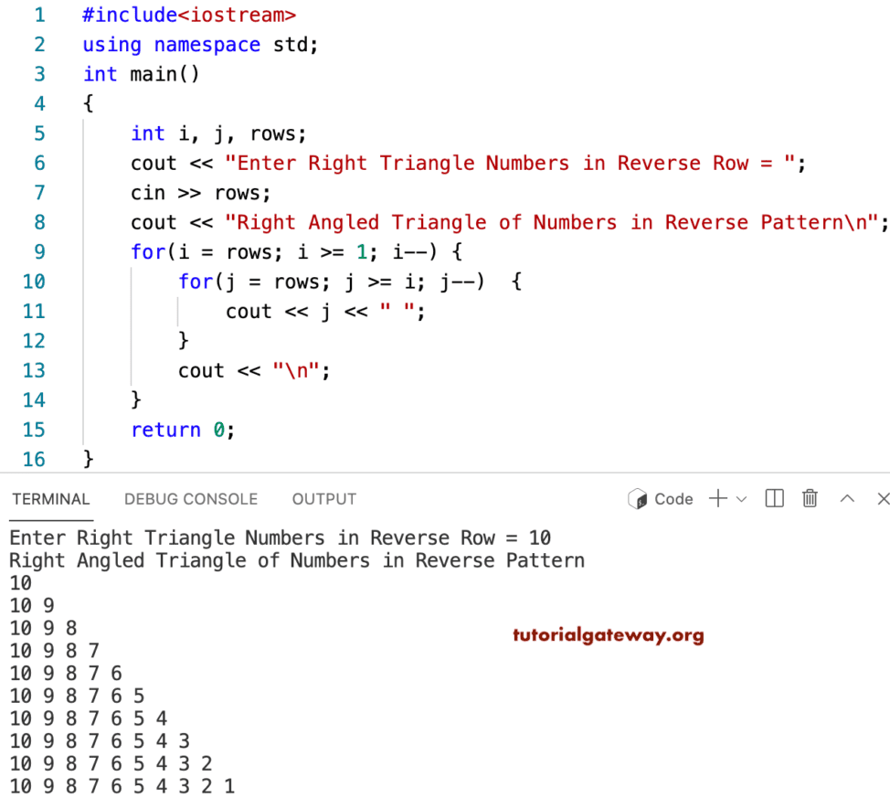 C++ Program to Print Right Triangle of Numbers in Reverse