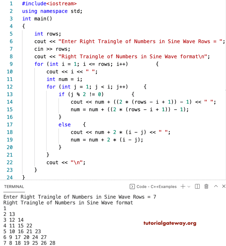 C++ Program to Print Right Triangle of Numbers in Sine Wave Pattern