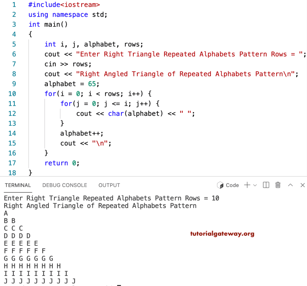 C++ Program to Print Right Triangle of Repeated Characters