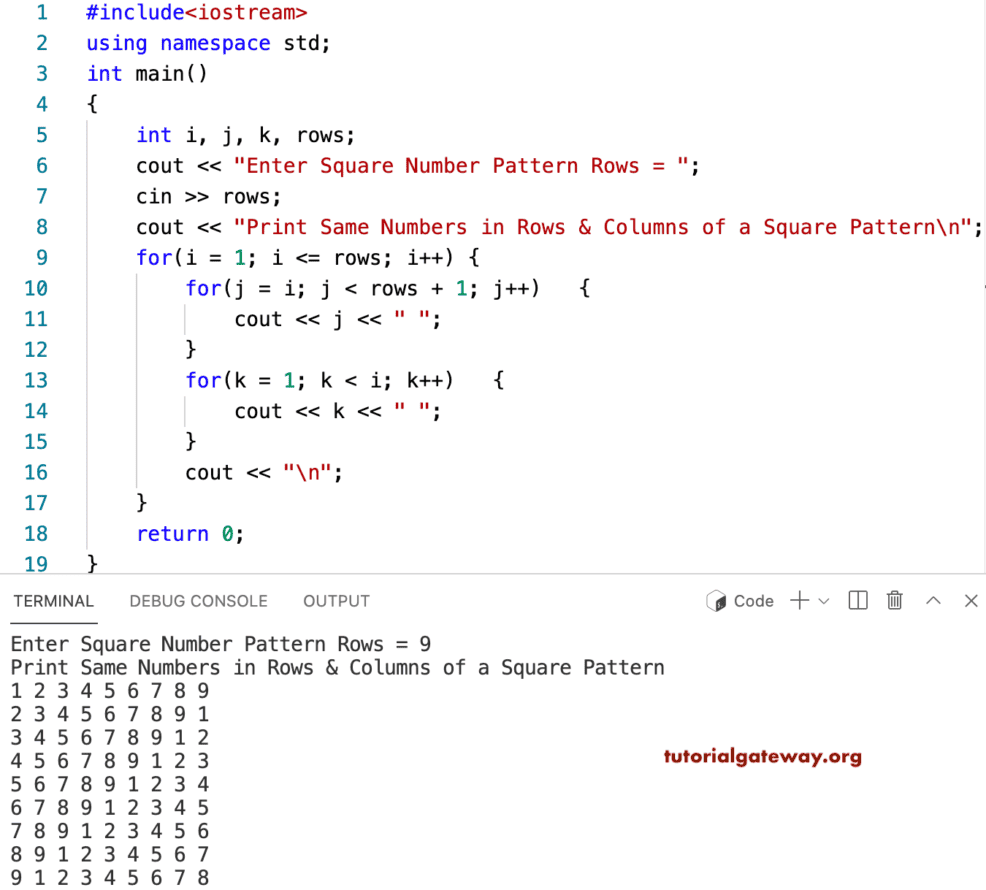C++ Program to Print Same Numbers in Square Rows and Columns