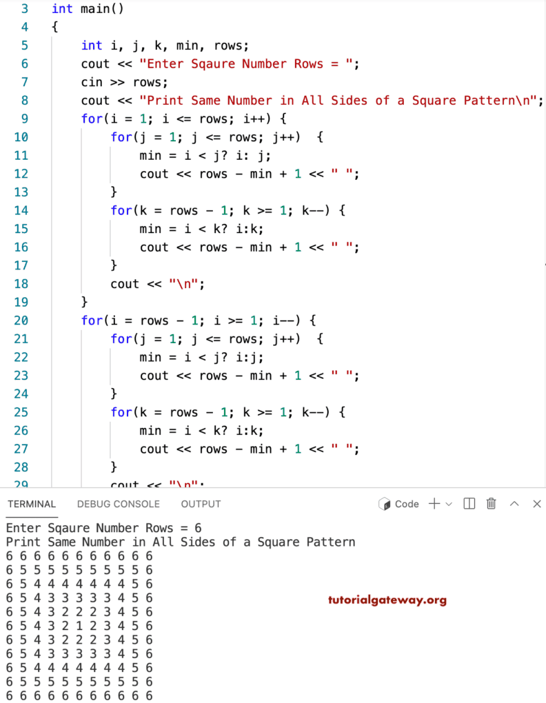 C++ Program to Print Same Numbers on all Sides of a Square